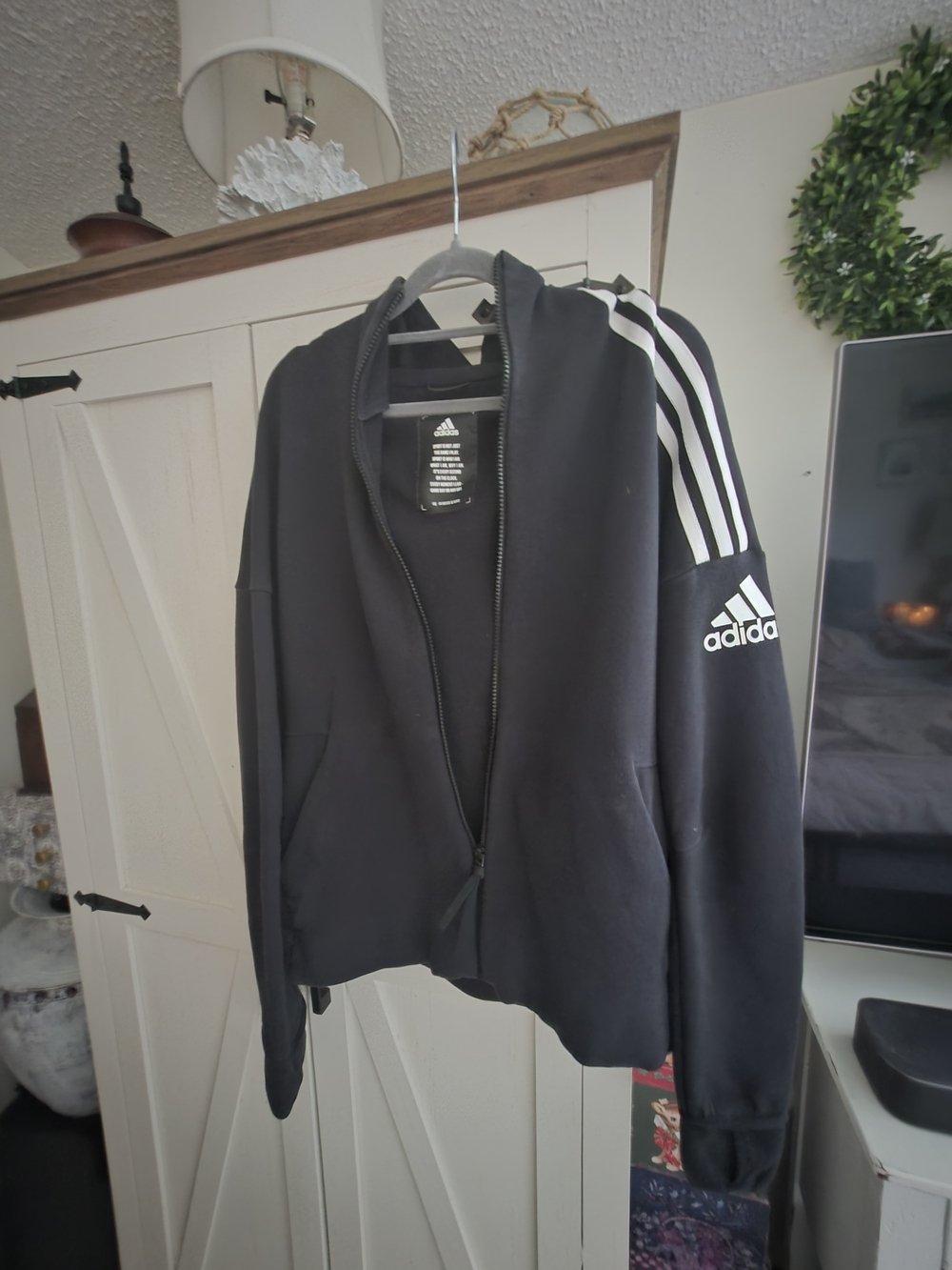 Adidas Women's Black Full-Zip Hoodie Jacket with Signature Three Stripes Size L